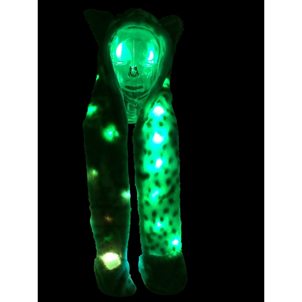 LED Light Up Snow Leopard Hat Scarf Gloves Faux Fur Spirit Hood w/ Paws Cosplay - Picture 9 of 9
